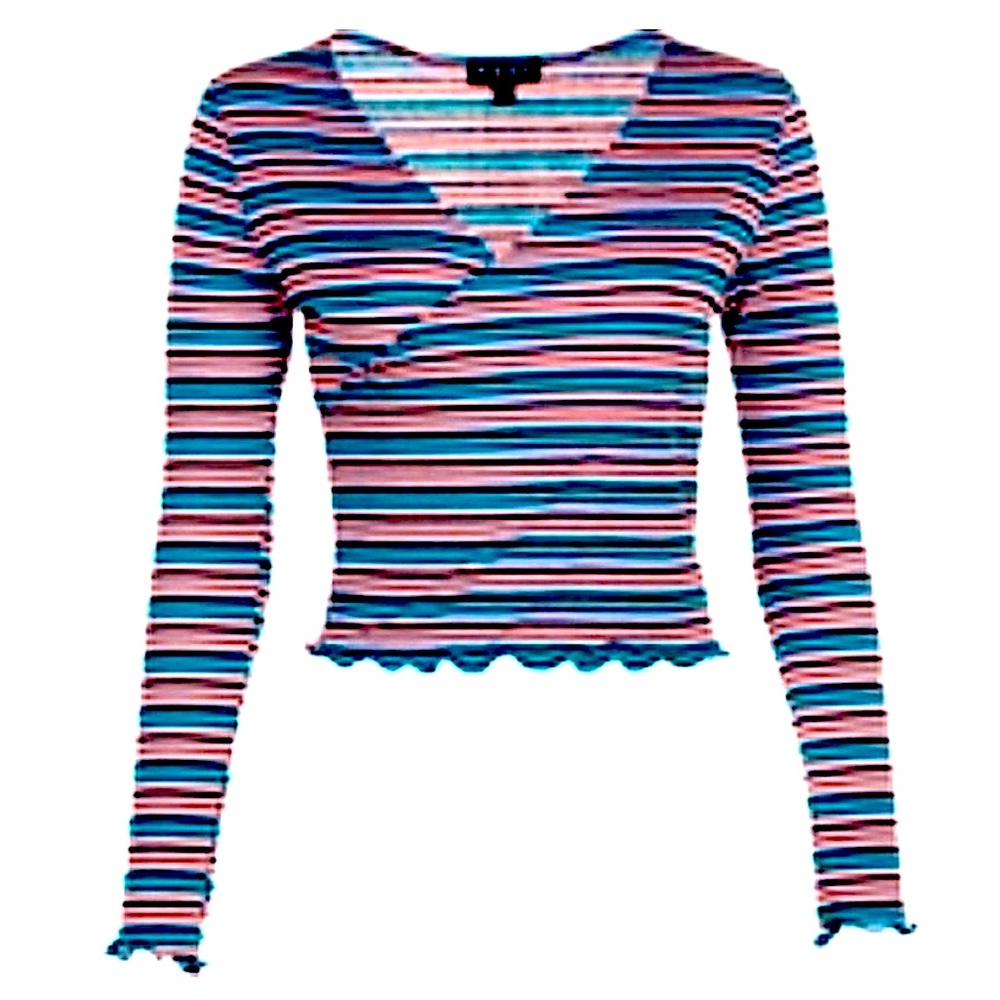 NEW Poof Apparel Lettuce Edge V-Neck Cropped Striped Knit Top